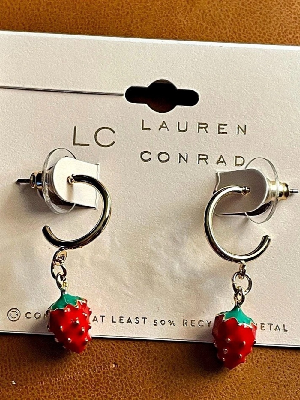 Lauren Conrad Strawberry Charm Hoop Earrings in Red & Gold NWT